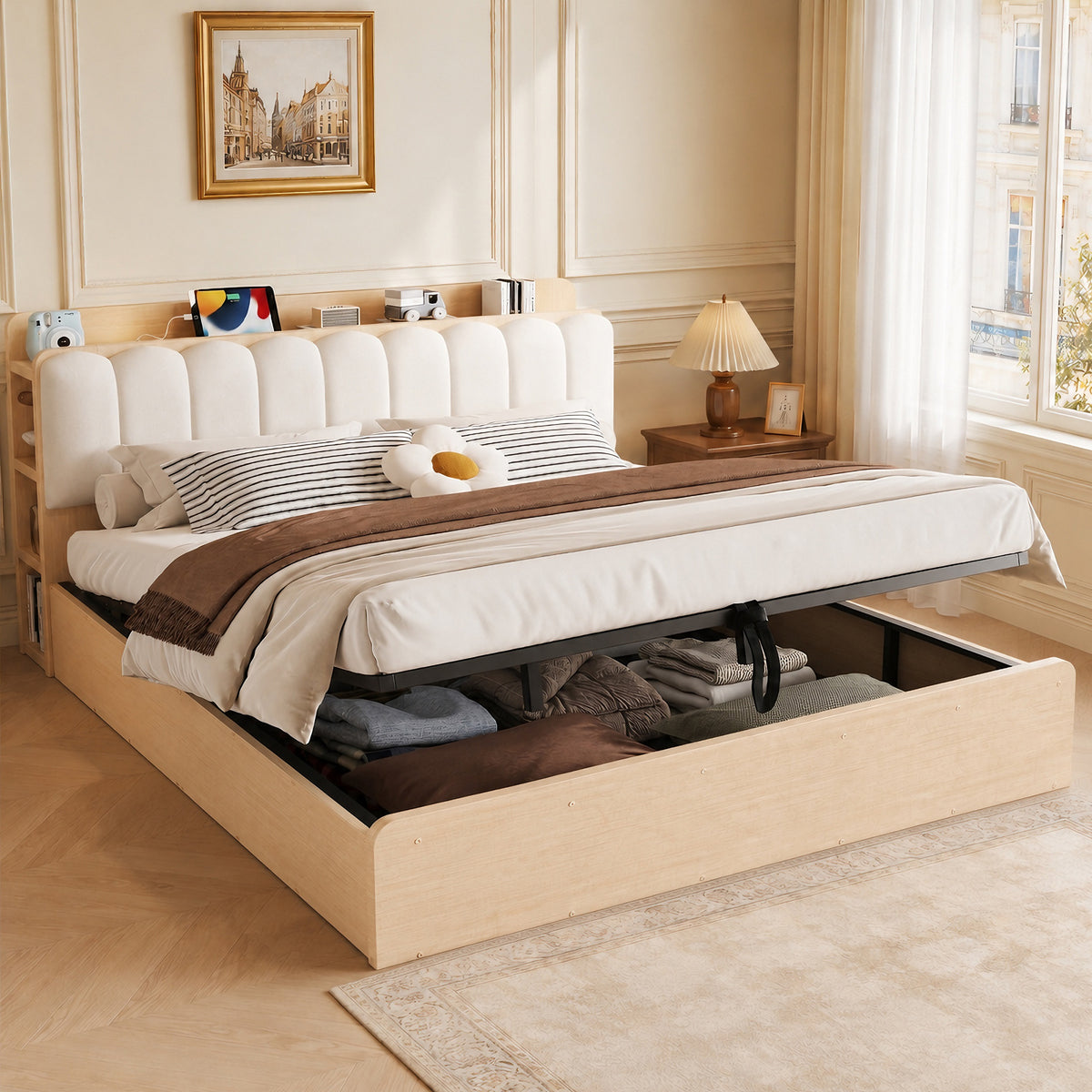 Wooden Flatbed 180x200 with Hydraulic Storage & USB, Wood