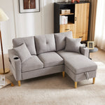 L-Shaped Sofa, 3-Seater with Chaise, Storage, Cup Holder, 2 Pillows