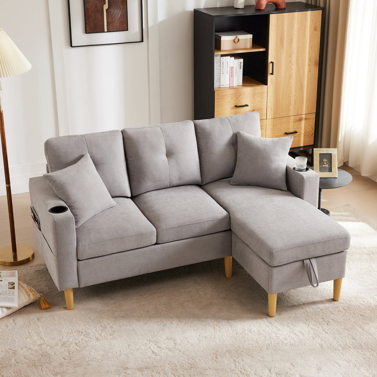 L-Shaped Sofa, 3-Seater with Chaise, Storage, Cup Holder, 2 Pillows