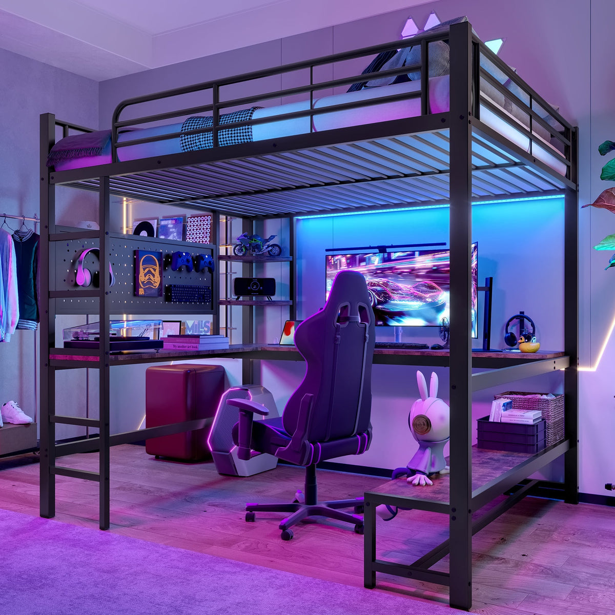 Loft Bed with Desk, USB Sockets, LED Strip and Pegboard, Black Metal Frame