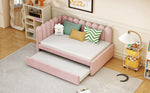 L-shaped Upholstered Bed, Sofa Bed 140x200cm with Pull-Out Bed, Pink Velvet