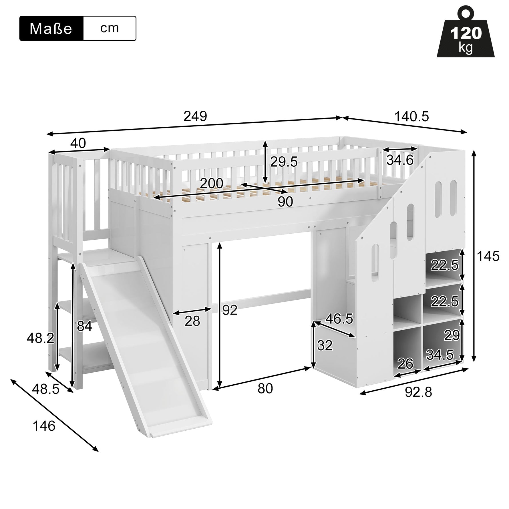 Bunk Bed with Slide, Storage Stairs and LED Light Strip, White Solid Wood