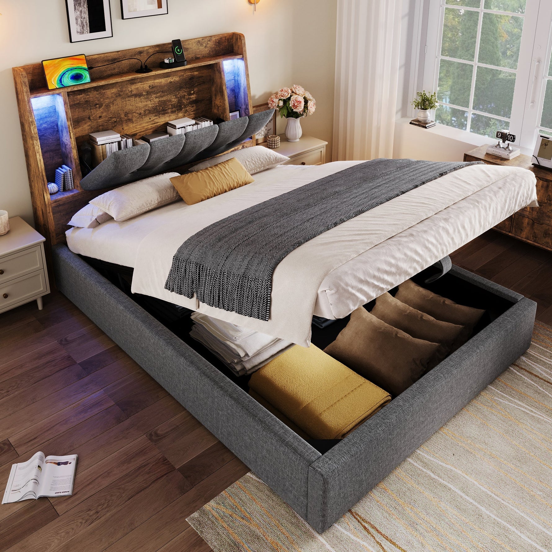 Upholstered Bed 90x200cm Flip-Top Storage LED USB/Type-C App Control - Linen Grey