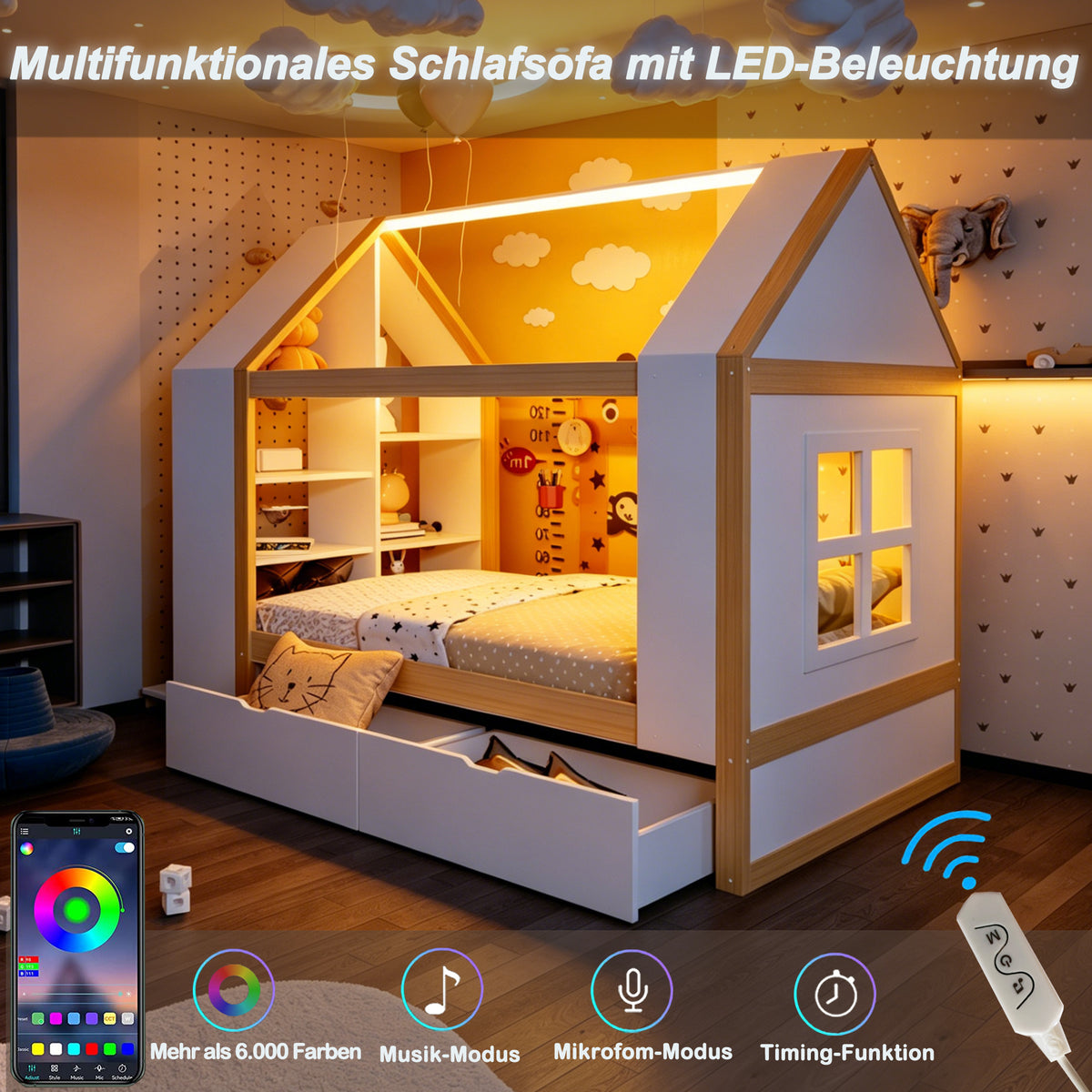 Children's House Bed 90x200 with 2 Drawers & LED, White & Natural