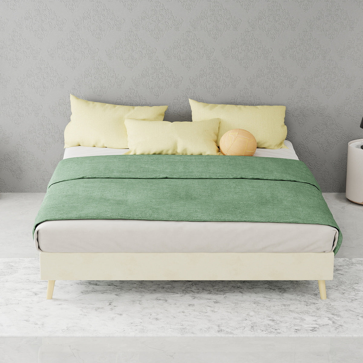 Modern Minimalist Bed Frame 140x200cm with Mattress, Beige Velvet