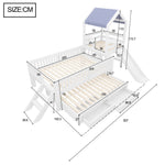 House Bunk Bed with Slide, Trundle & Drawers, White Solid Wood