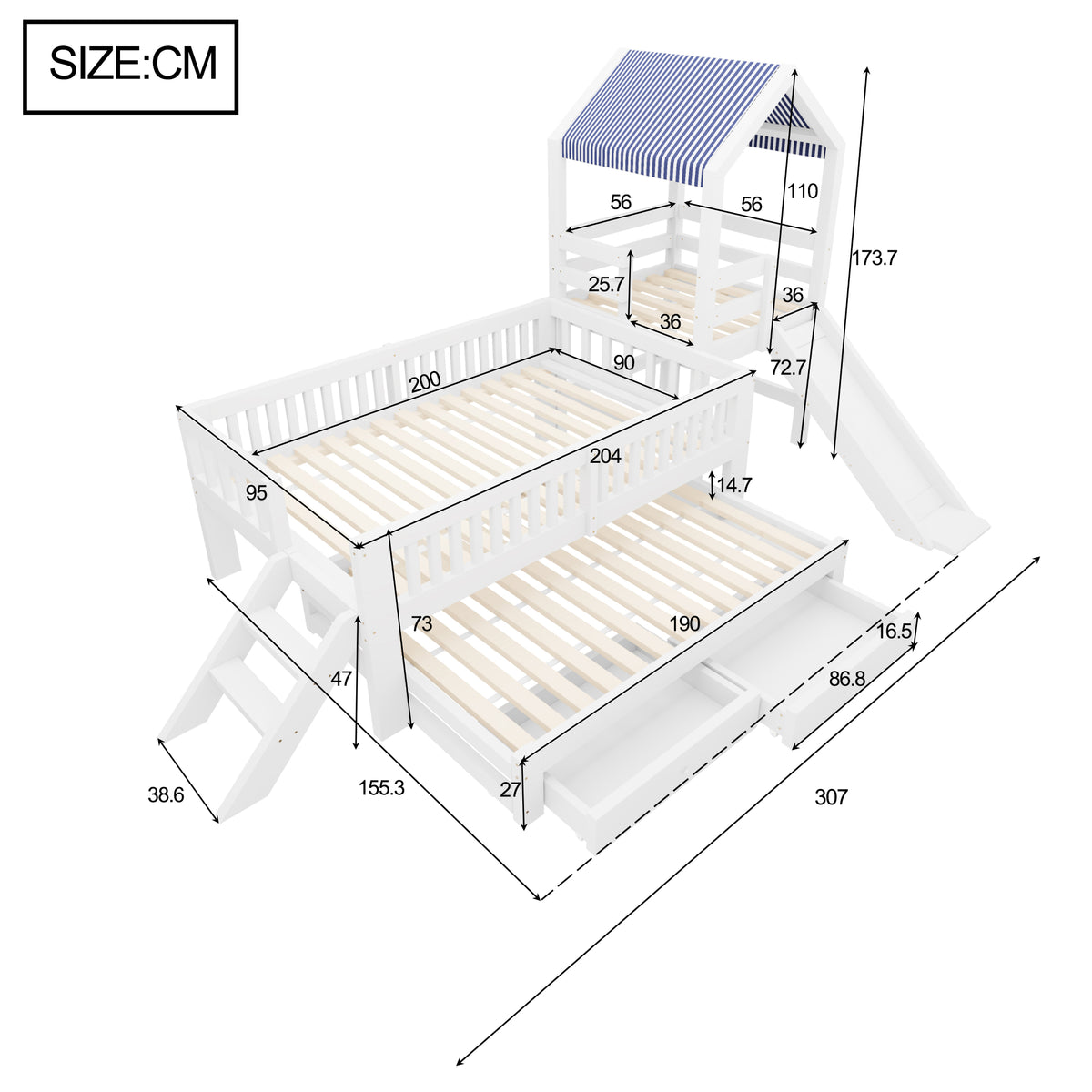 House Bunk Bed with Slide, Trundle & Drawers, White Solid Wood