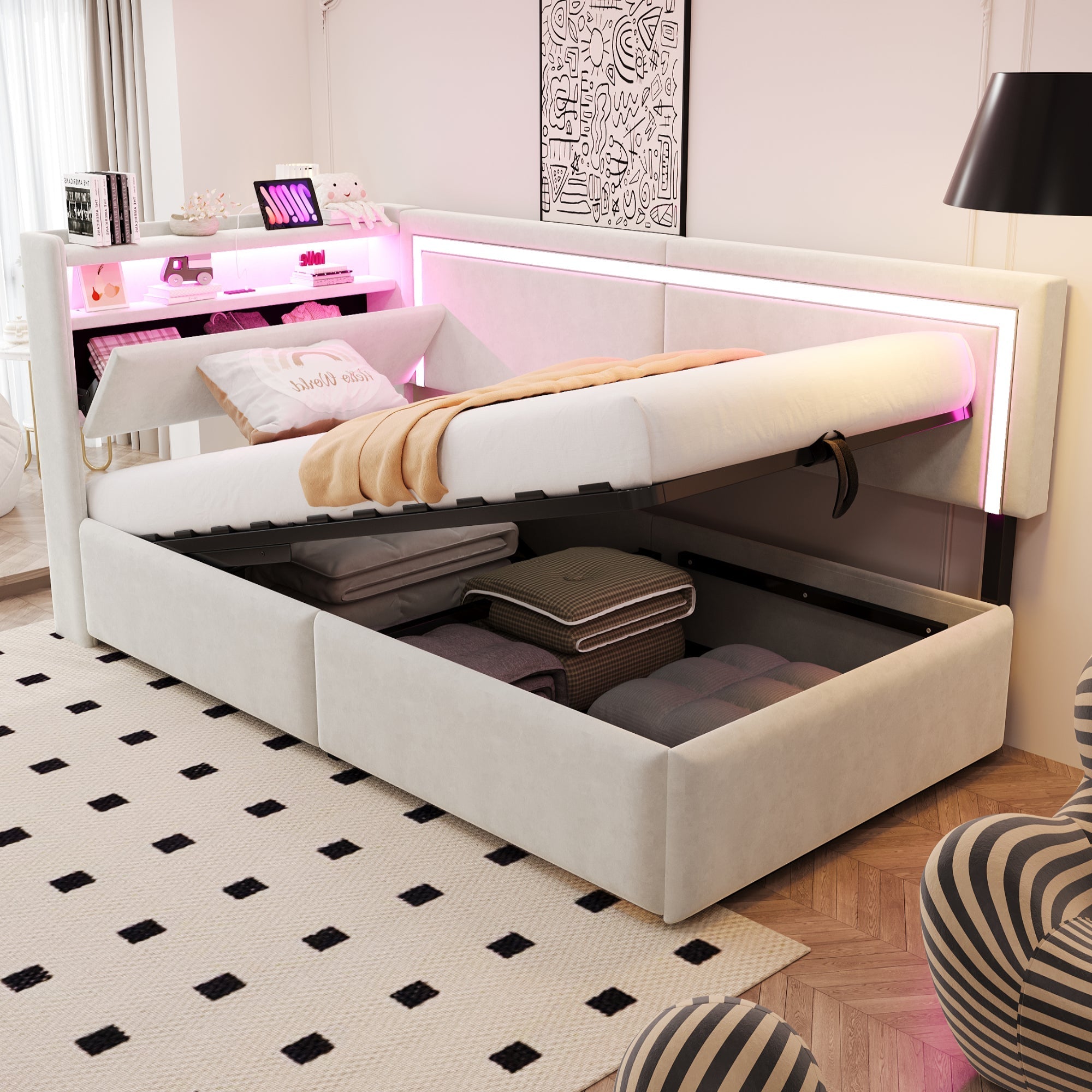 Upholstered Sofa Bed 90x200 cm with LED Lighting, USB Ports and Hydraulic Storage, Beige Velvet