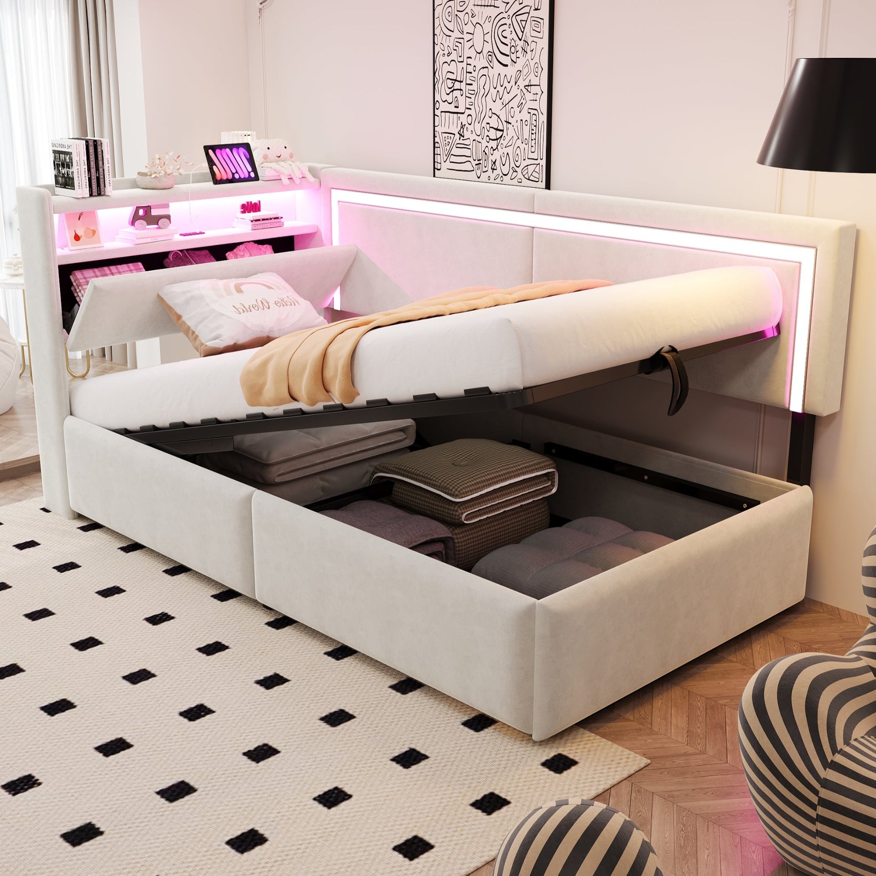 Upholstered Sofa Bed 90x200 cm with LED Lighting, USB Ports and Hydraulic Storage, Beige Velvet