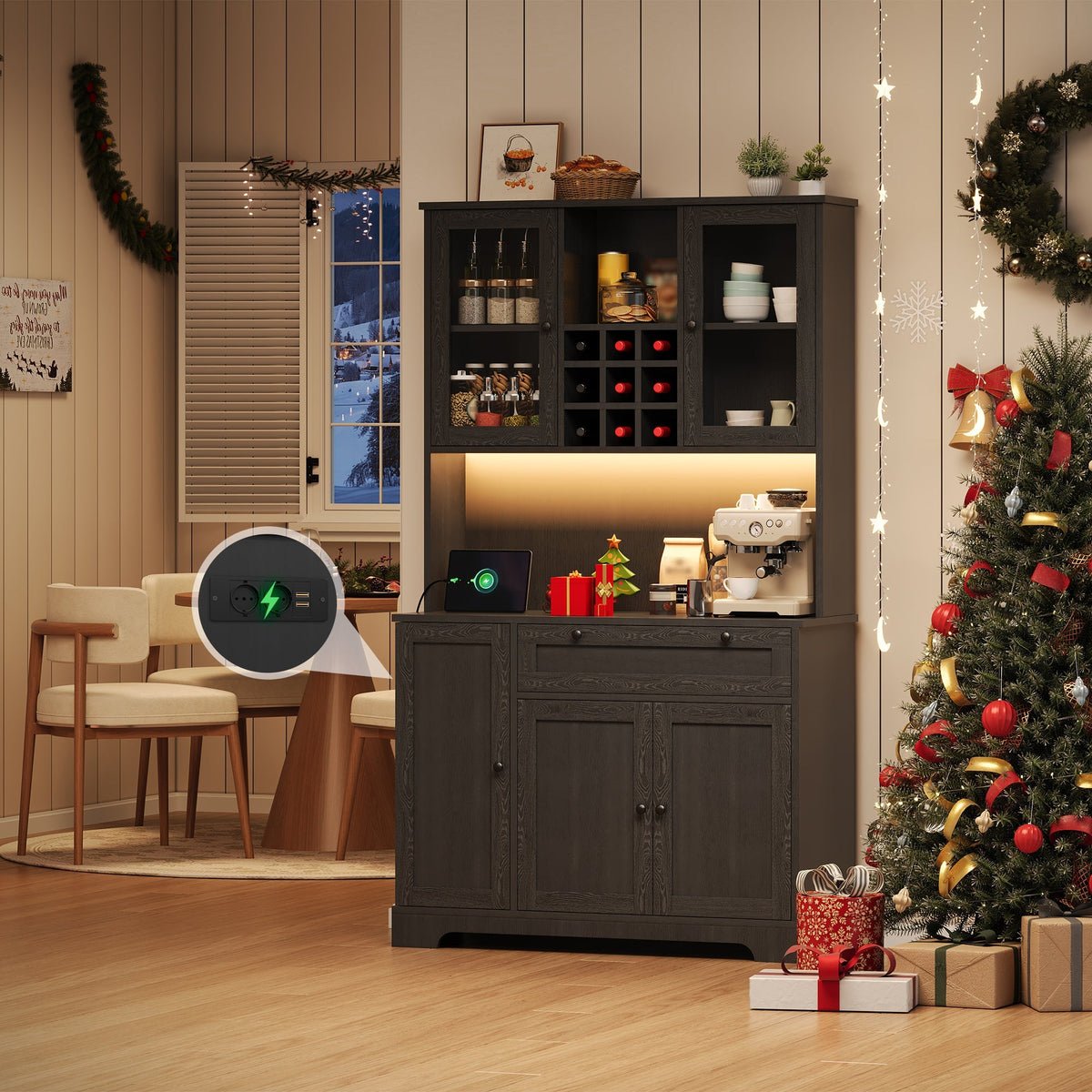 Kitchen Cabinet with LED Lighting, Power Outlet and Spice Rack, 180 x 105 x 40 cm
