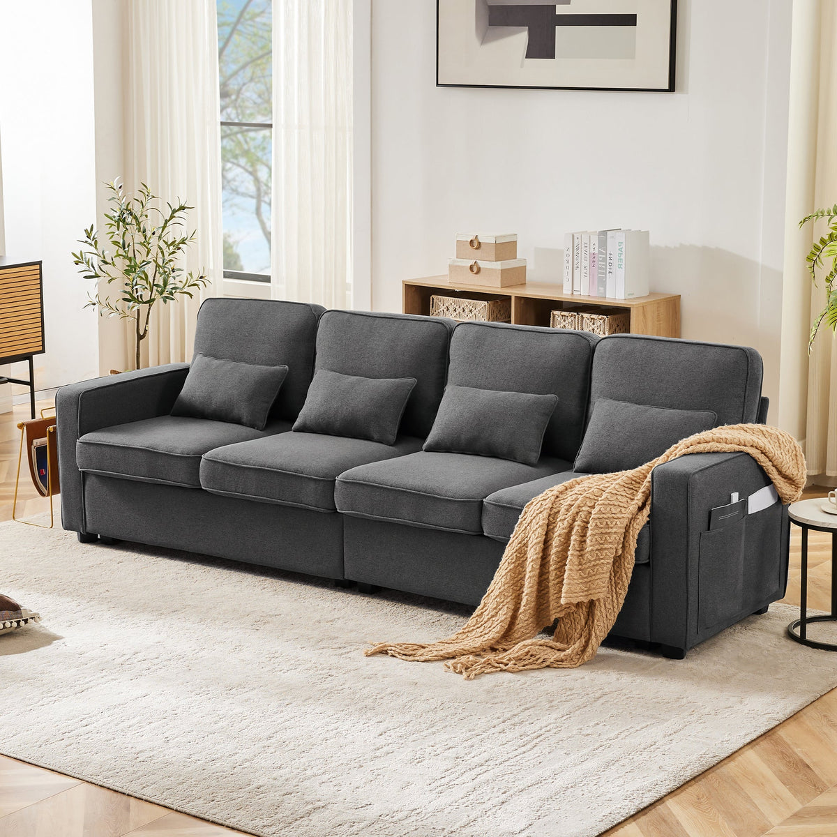Modern 4-Seater Sofa, Simple Style with Armrest Pockets and 4 Cushions, Linen Fabric