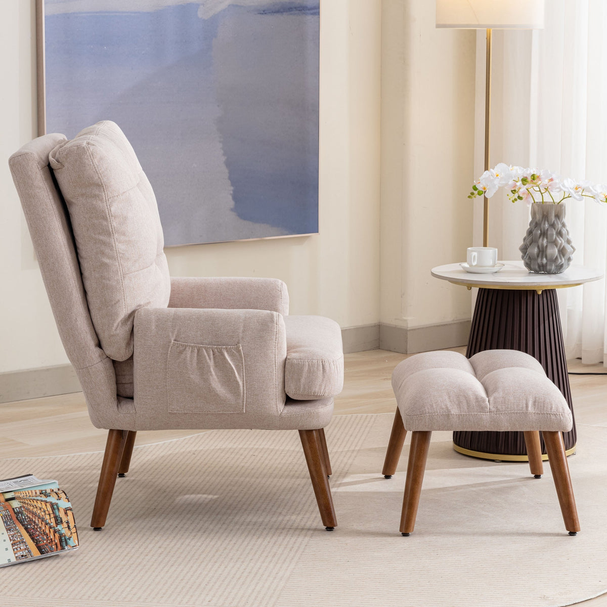 Lounge Chair with Footrest Adjustable Backrest Tiltable Side Shelf