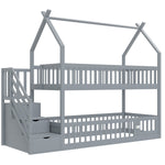Bunk Bed, 90x200 Children's Single with Roof, Ladder & Storage Drawers, Solid Wood Gray
