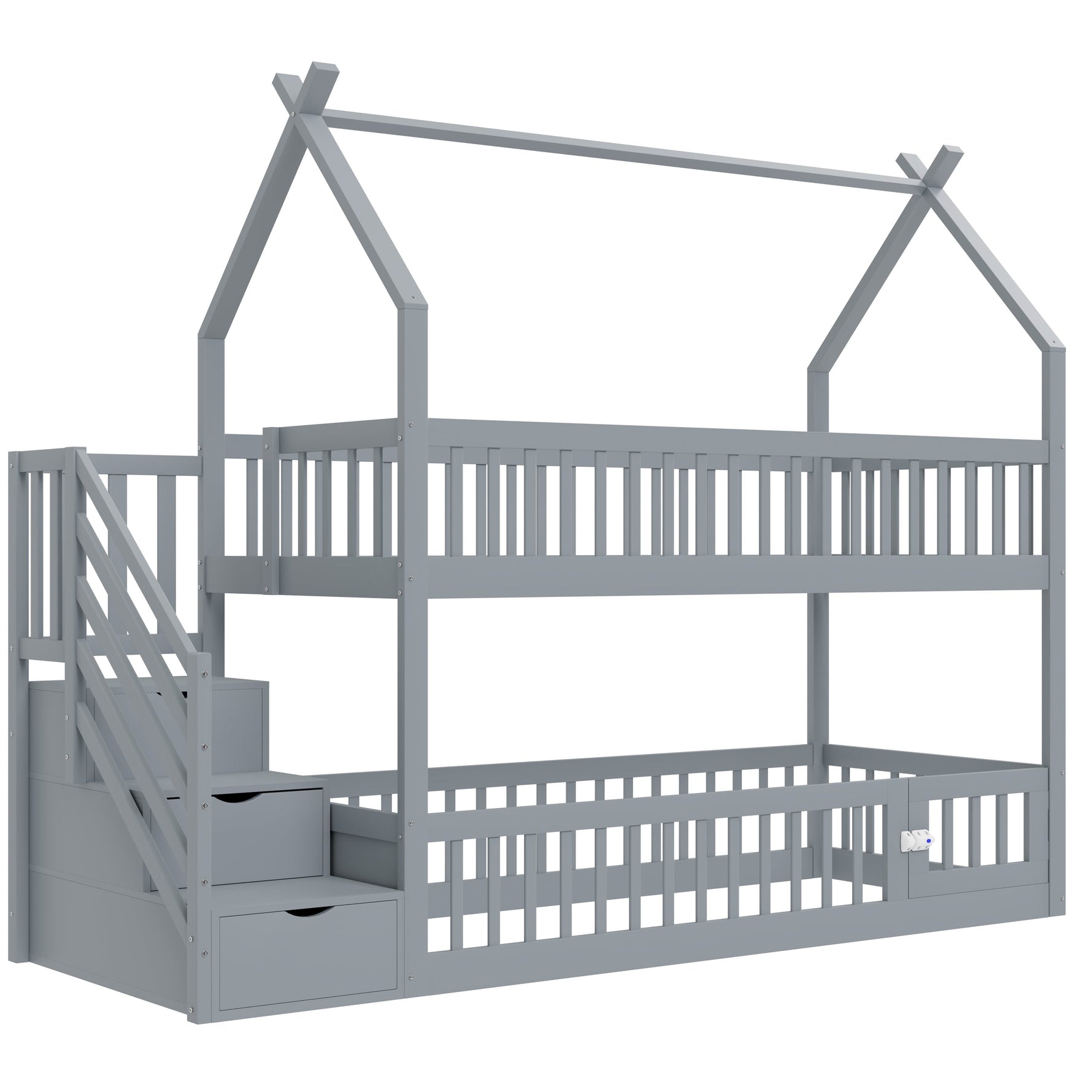 Bunk Bed, 90x200 Children's Single with Roof, Ladder & Storage Drawers, Solid Wood Gray