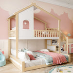Bunk Bed with Storage Ladder and House Railing, 90x200cm and 140x200cm, Natural and White