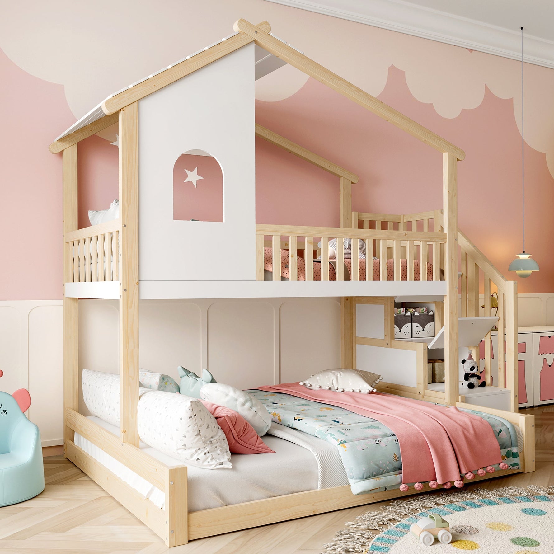 Bunk Bed with Storage Ladder and House Railing, 90x200cm and 140x200cm, Natural and White