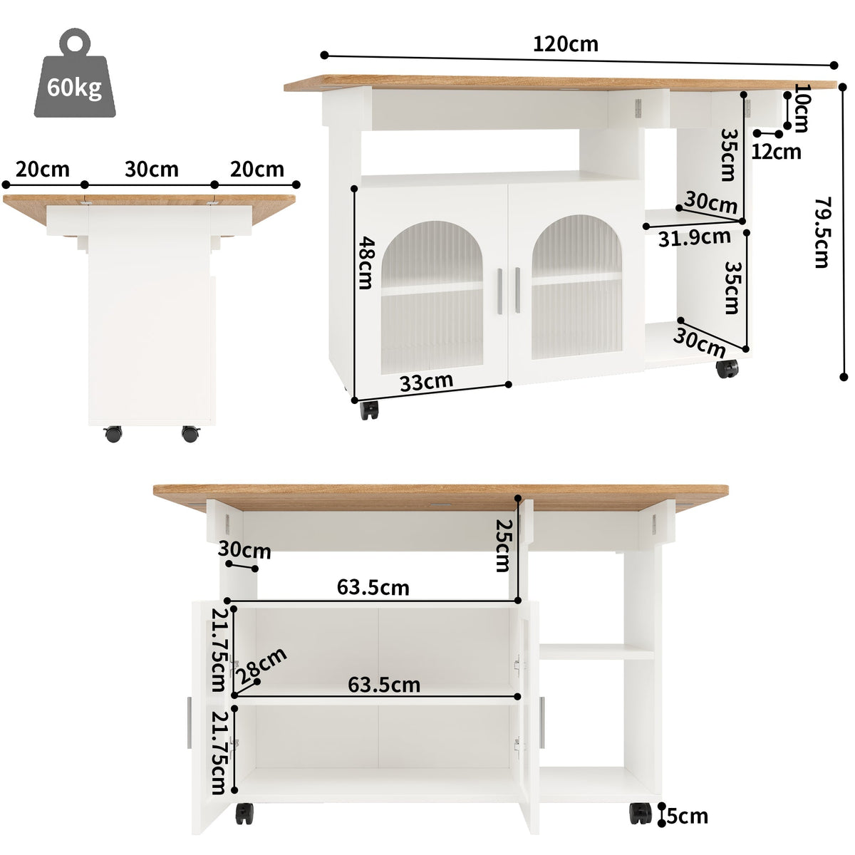 Kitchen Island Dining Cart - Multifunctional Storage, Removable - White Wood Grain