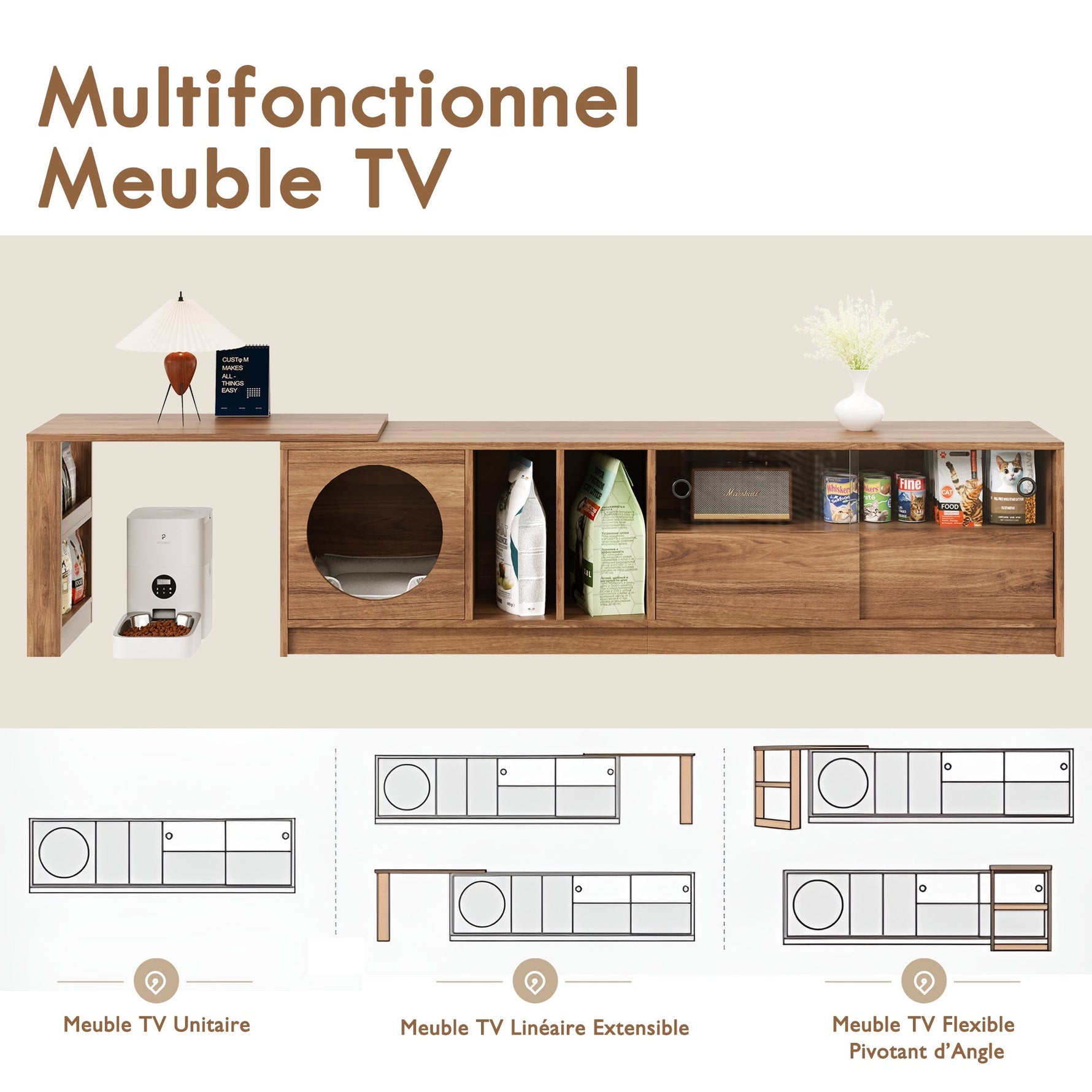 TV Cabinet Coffee Table Set, 2-Piece Rotating Multifunctional Cat Basket, Walnut