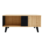 Coffee table with side table and drawer, versatile storage, wood and black design