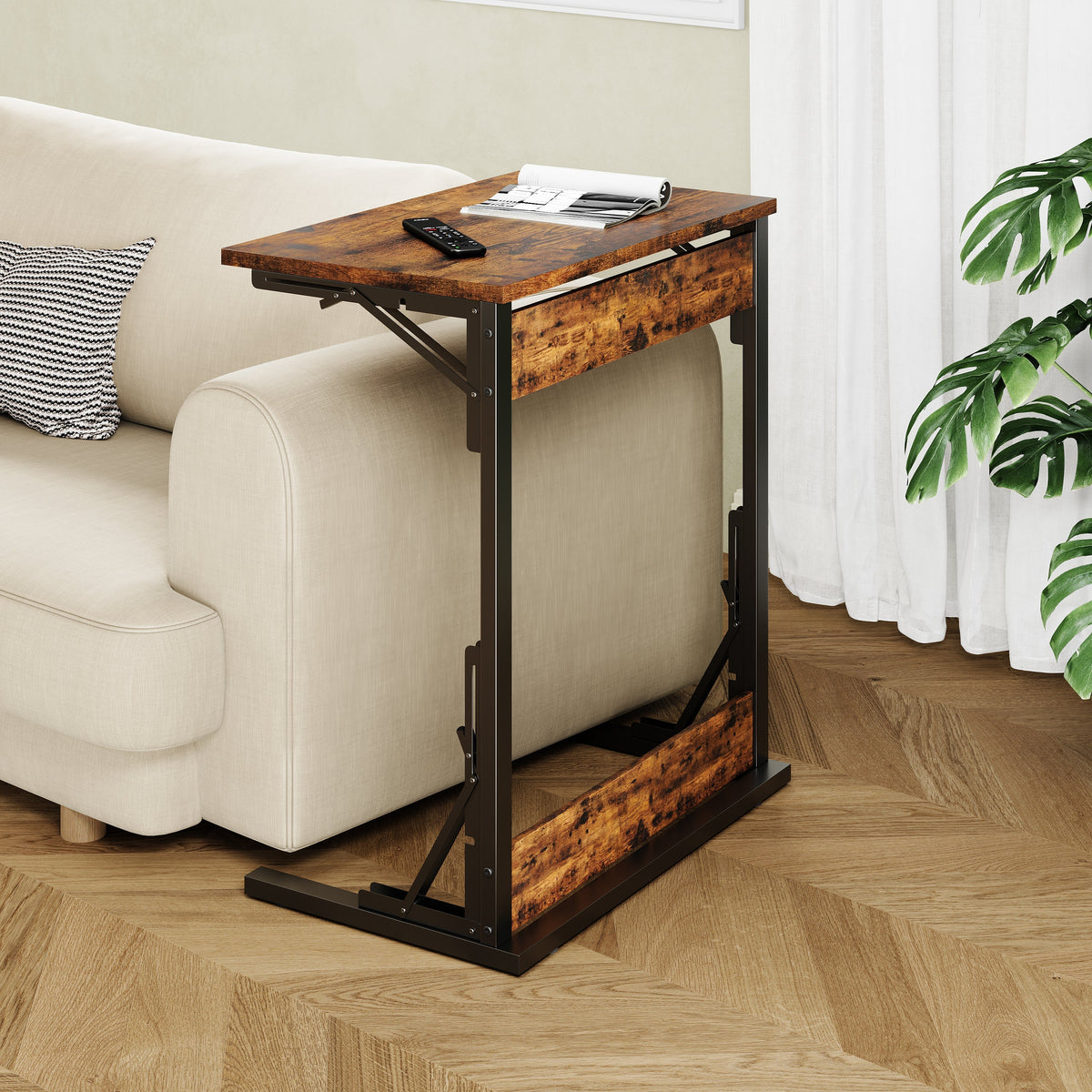 Set of 2 Foldable C-Shaped Side Tables with Metal Frame, Brown