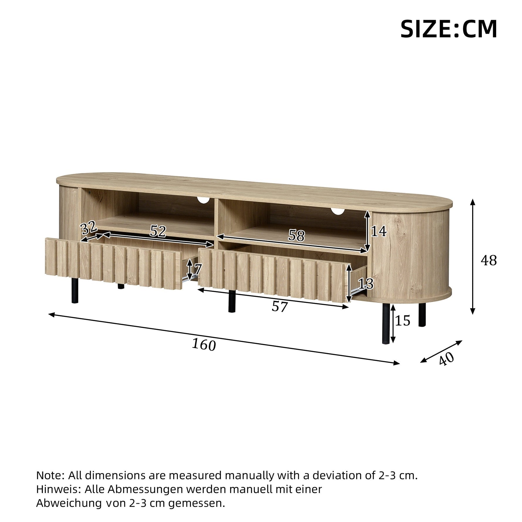 TV Cabinet Lowboard 160cm 2 Doors 2 Drawers for 65 Inch - Natural Wood