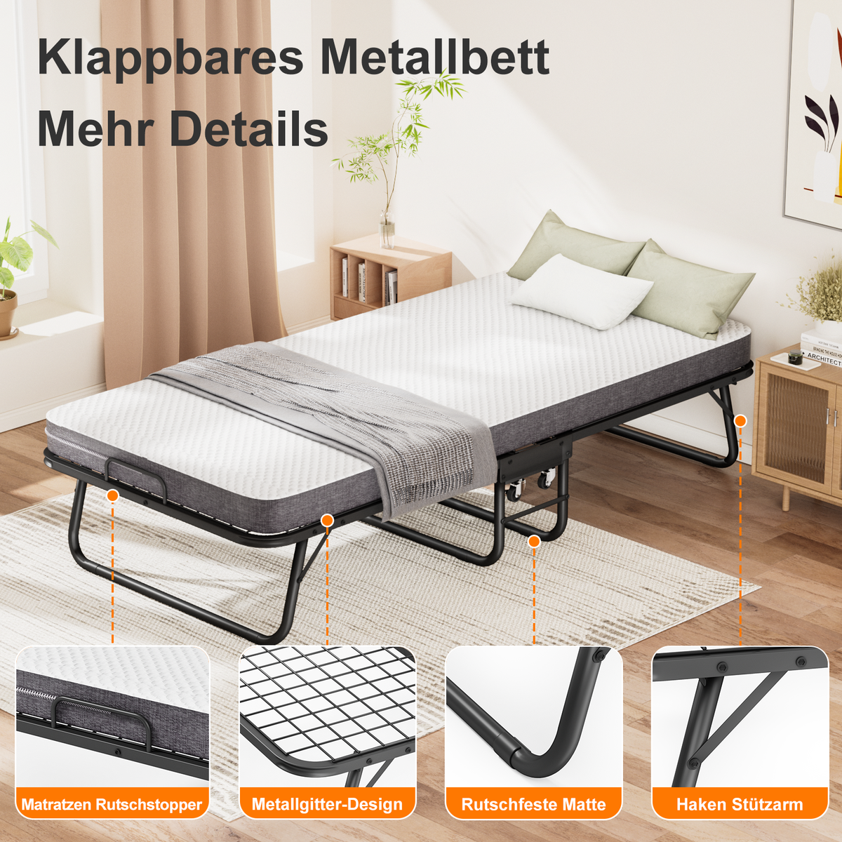 Folding Bed 90x190cm 10cm Memory Foam Mattress, Wheels, Black