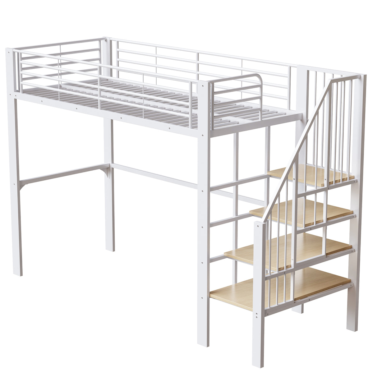 Loft Bed 90x200 cm with Storage Space & Stairs, Metal