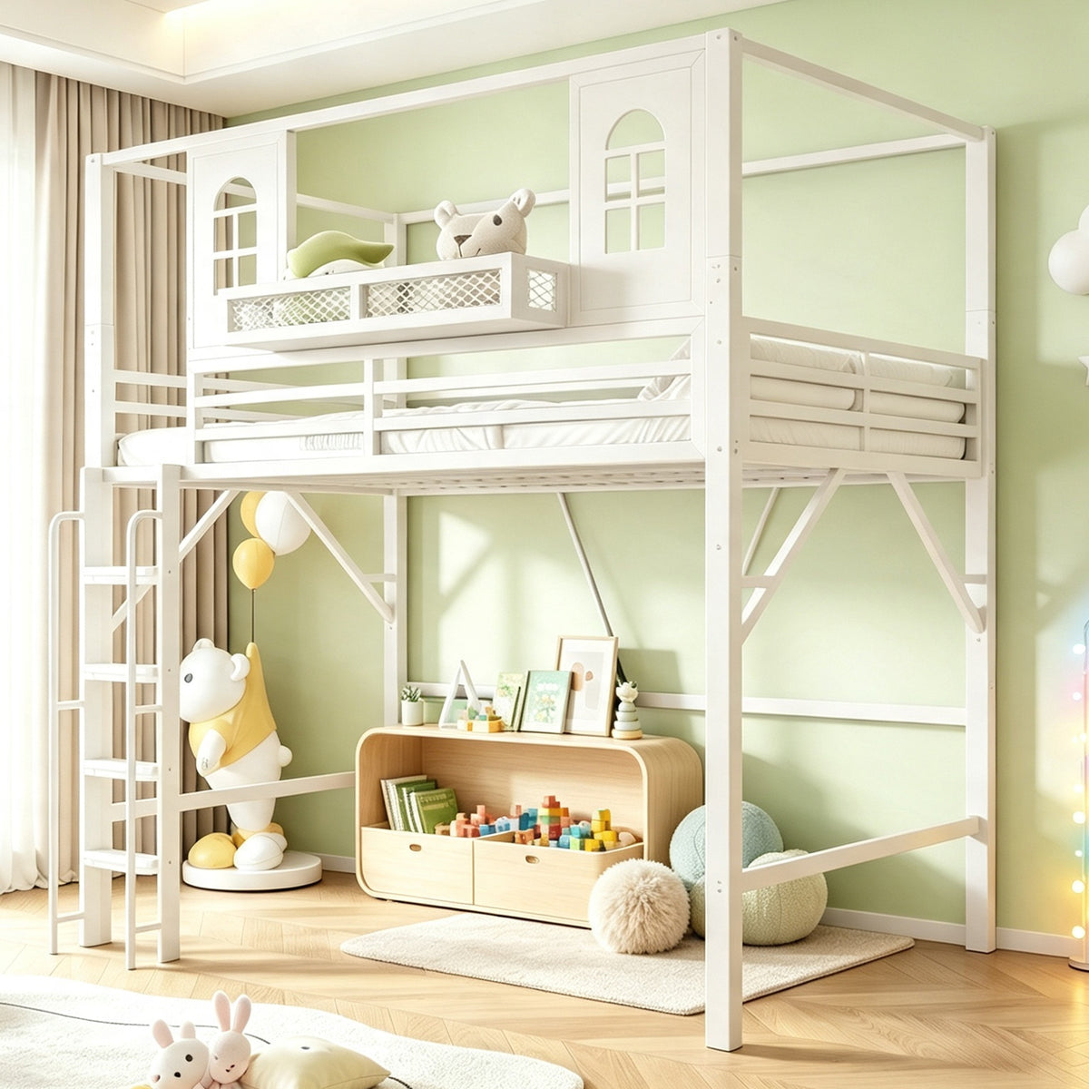 Children's Loft Bed 90x200 cm with Roof Design, White Metal