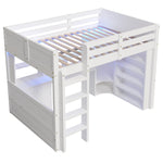 Loft Bed 140x200cm LED Lights Wardrobe Desk Drawers Storage - White