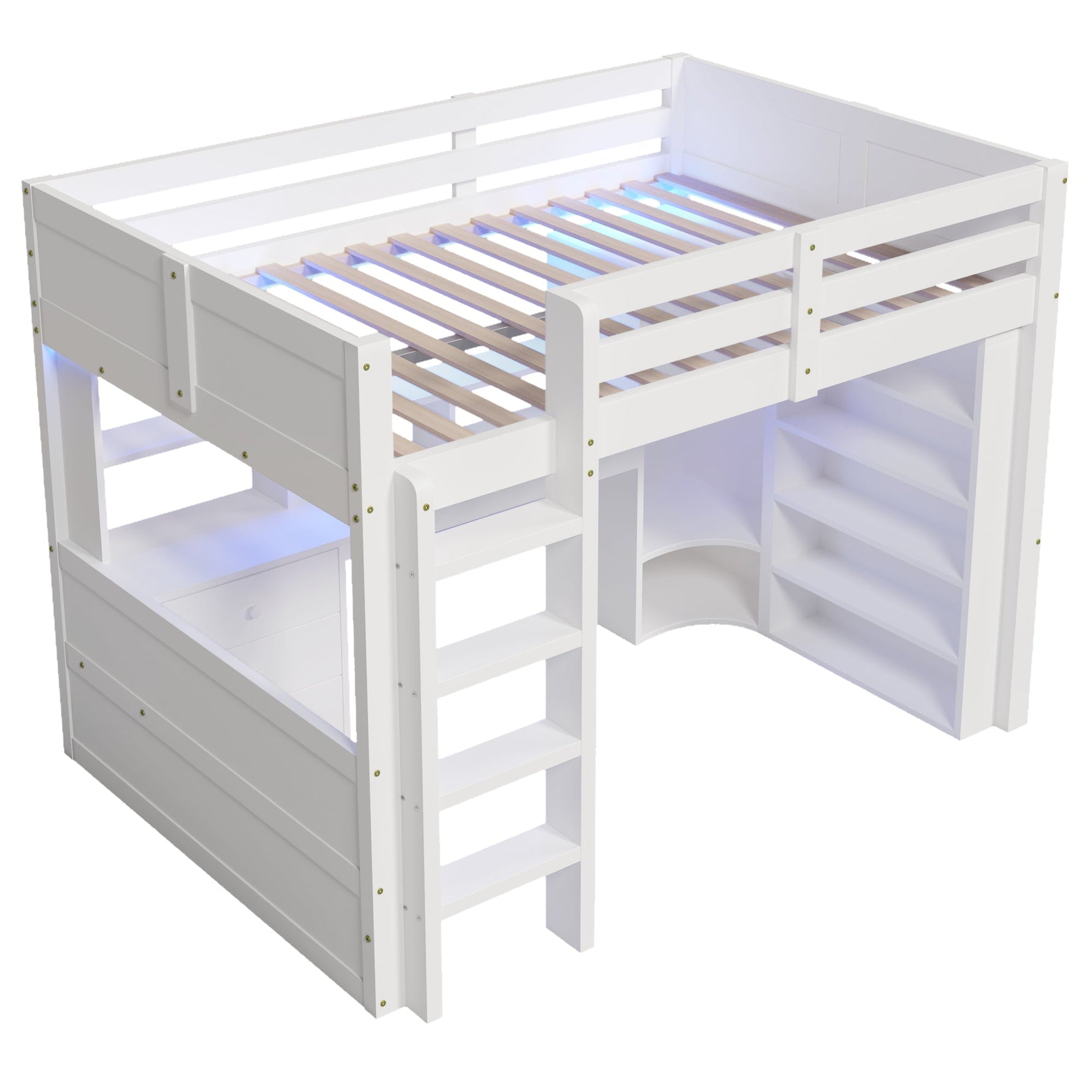 Loft Bed 140x200cm LED Lights Wardrobe Desk Drawers Storage - White