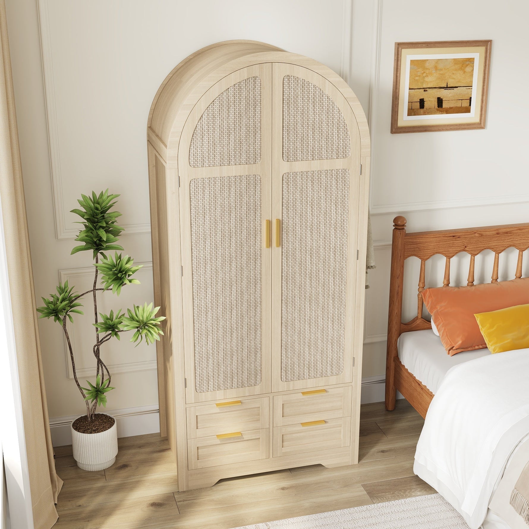 Modern Wardrobe with Curved Doors, Clothes Rail and Drawers, Oak MDF