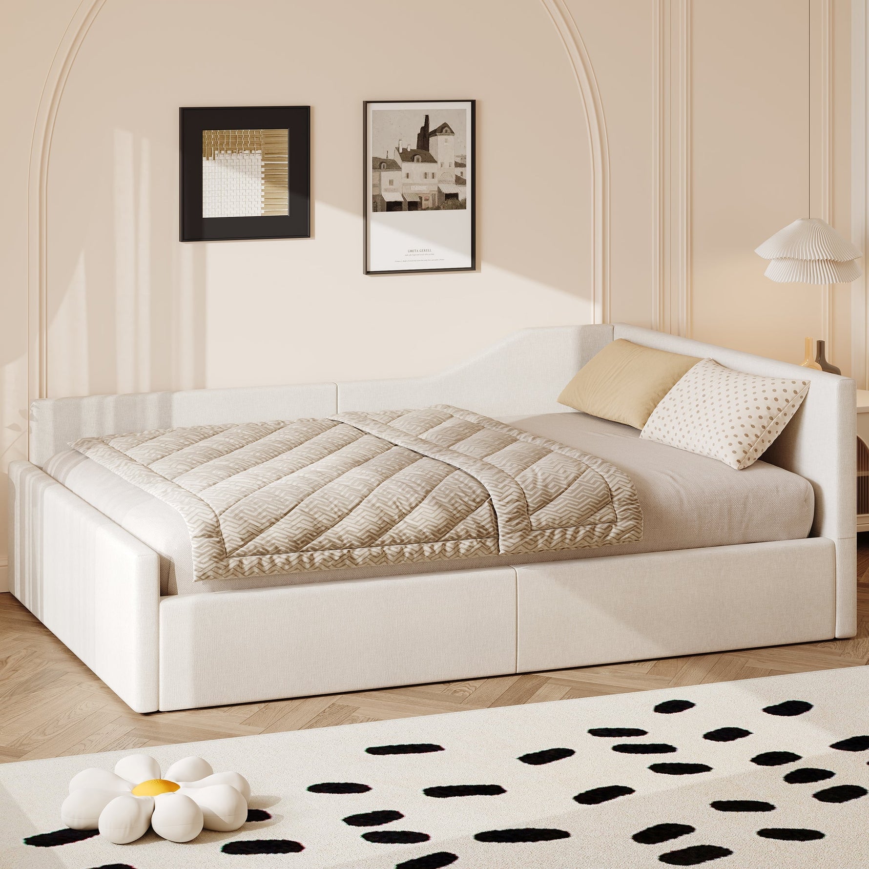 Upholstered Daybed, 140x200 with Under-bed Storage, Beige