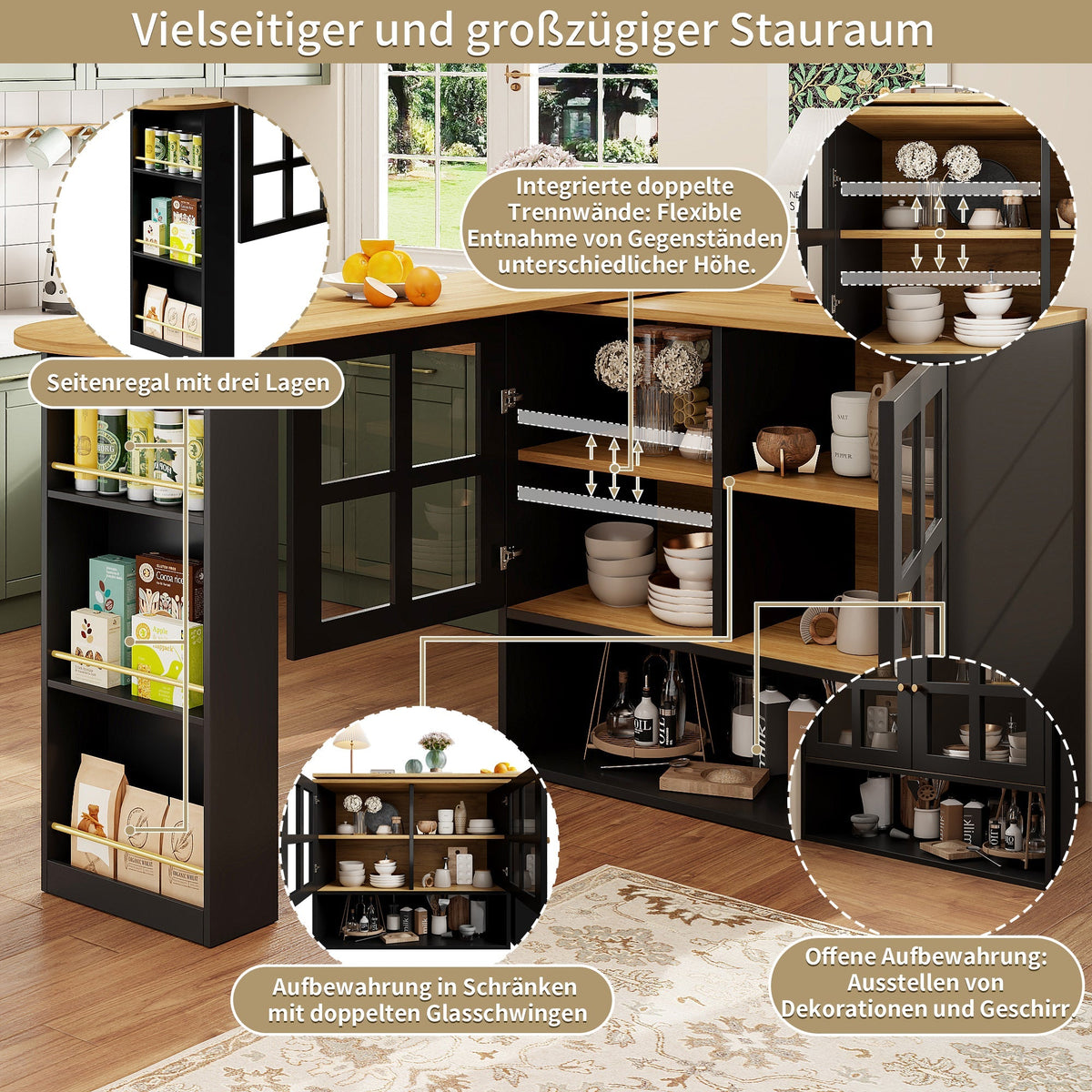 Dining Bar, 360° Rotating Multifunctional with 5 Shelves, Black