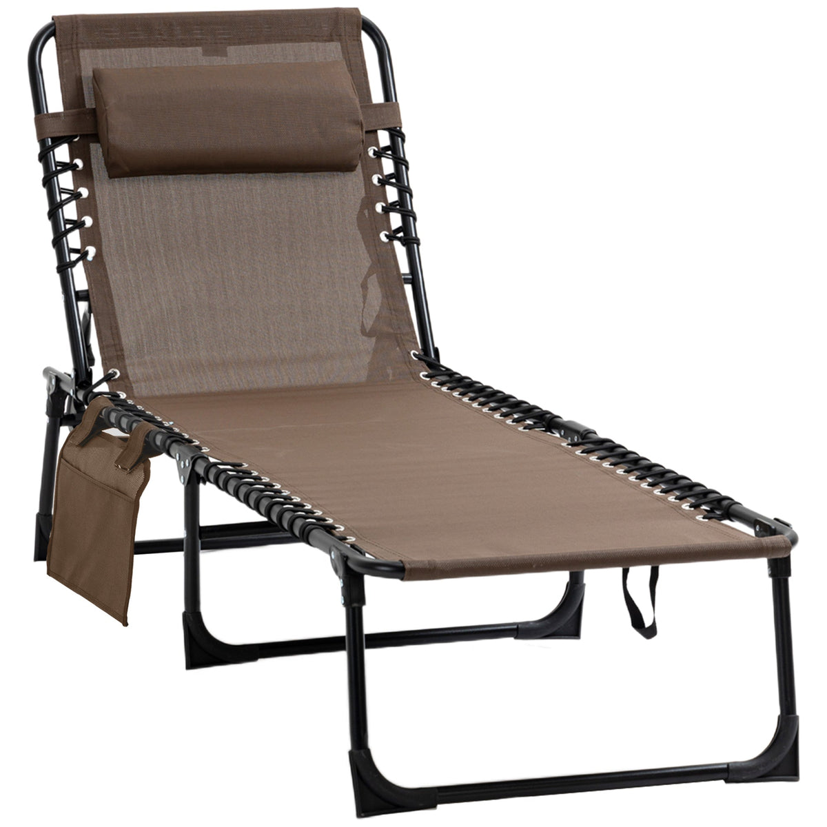 Folding Sun Lounger with Headrest & 5-Position Adjustable Backrest, Brown
