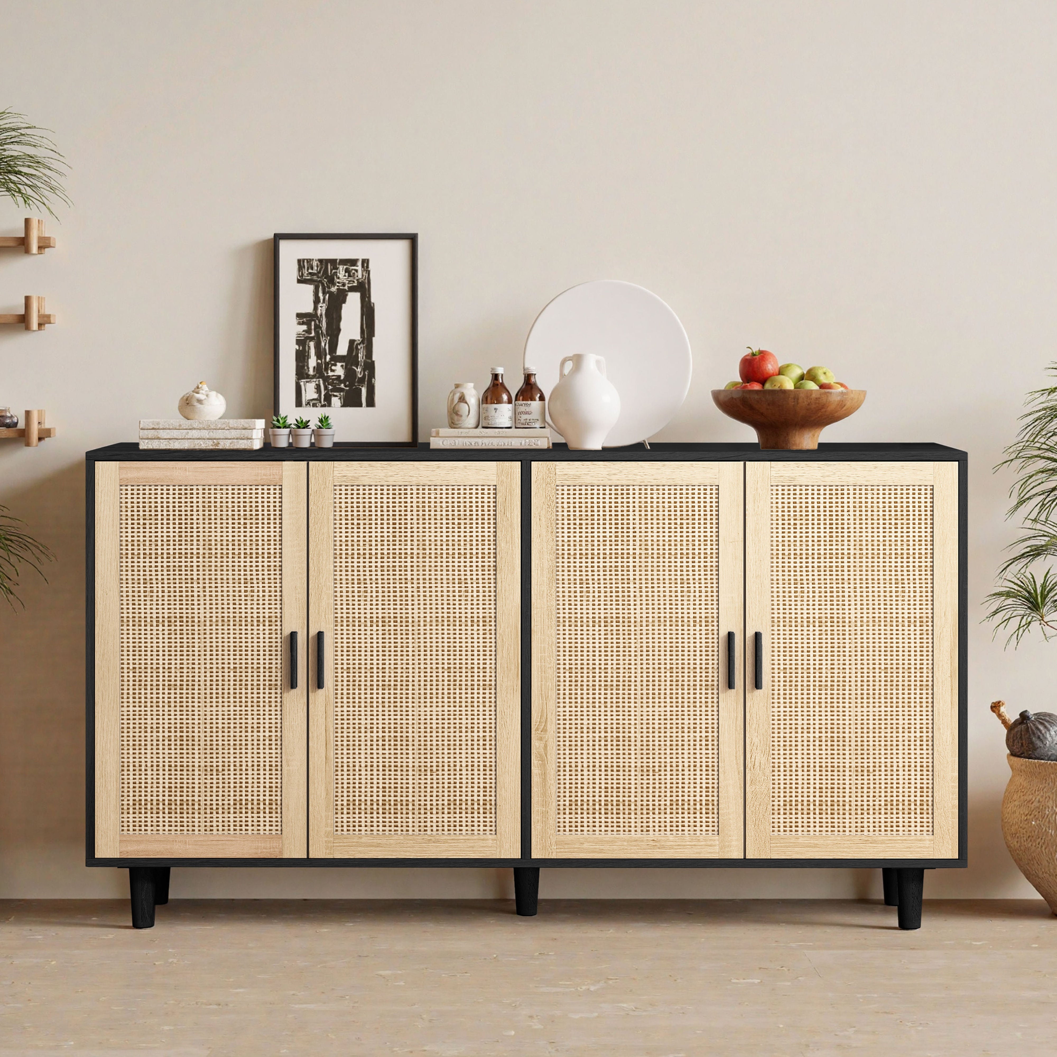 Rattan Storage Cabinet, 158cm 4-Door Decorative, Black