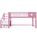 Low Loft Bed for Children with Storage Ladder and Metal Frame, 90x200cm, Pink Metal