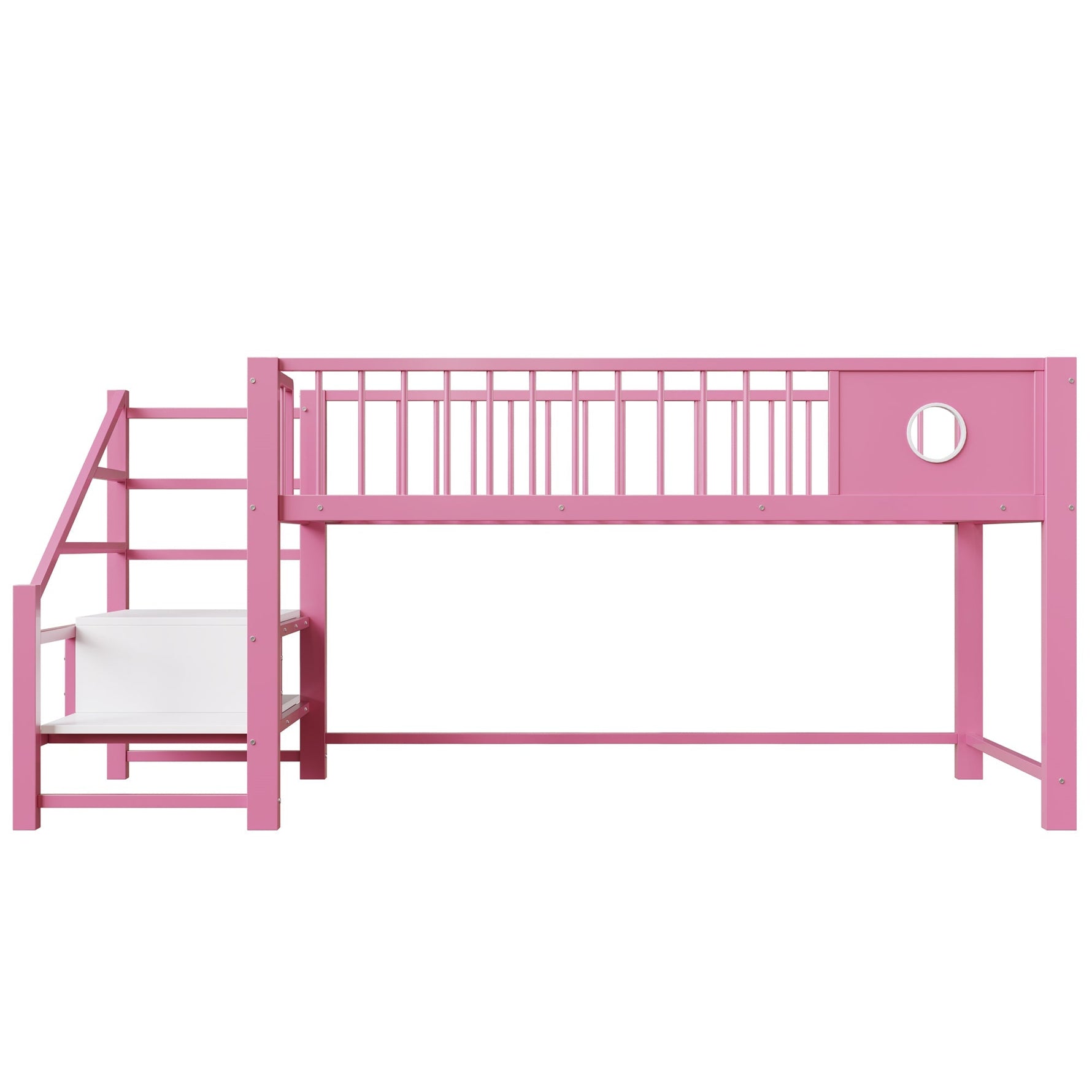 Low Loft Bed for Children with Storage Ladder and Metal Frame, 90x200cm, Pink Metal