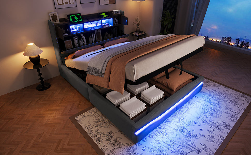 Upholstered Bed with USB-C Charging, LED Ambient Lighting and Hydraulic Storage, Grey