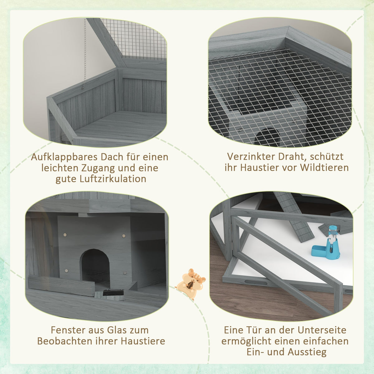 Rodent Cage, 3-Tier Hexagonal with Ramp, Wood Gray