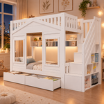Children's Bunk Bed 90x200cm with Storage Stairs, Solid Wood White