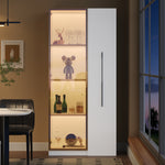 Display Cabinet with Glass Doors, Side Drawers and LED Lighting, White MDF