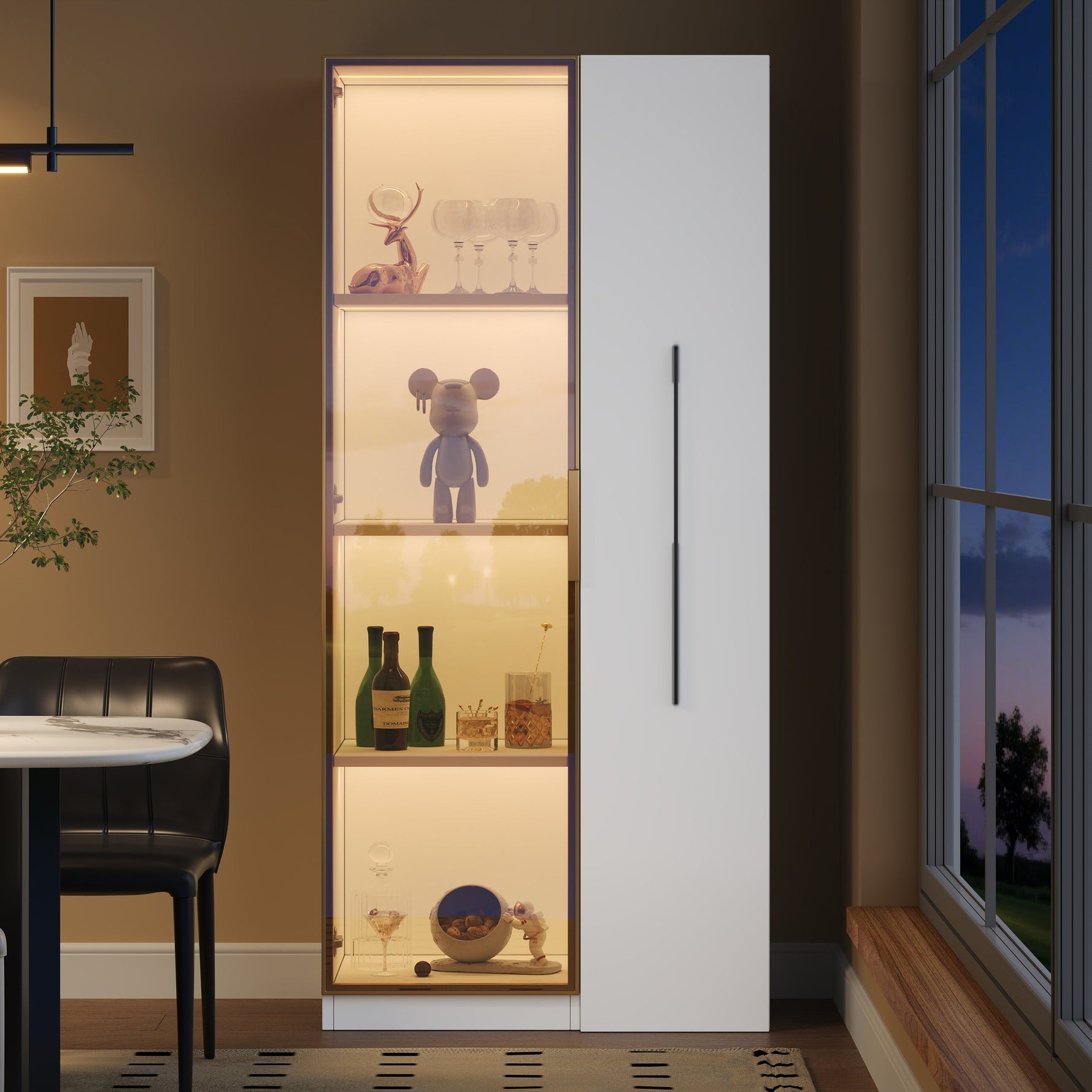 Display Cabinet with Glass Doors, Side Drawers and LED Lighting, White MDF