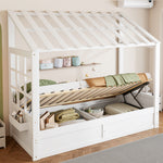 Country Style Children's Bed 90x200cm with Roof & Storage, White