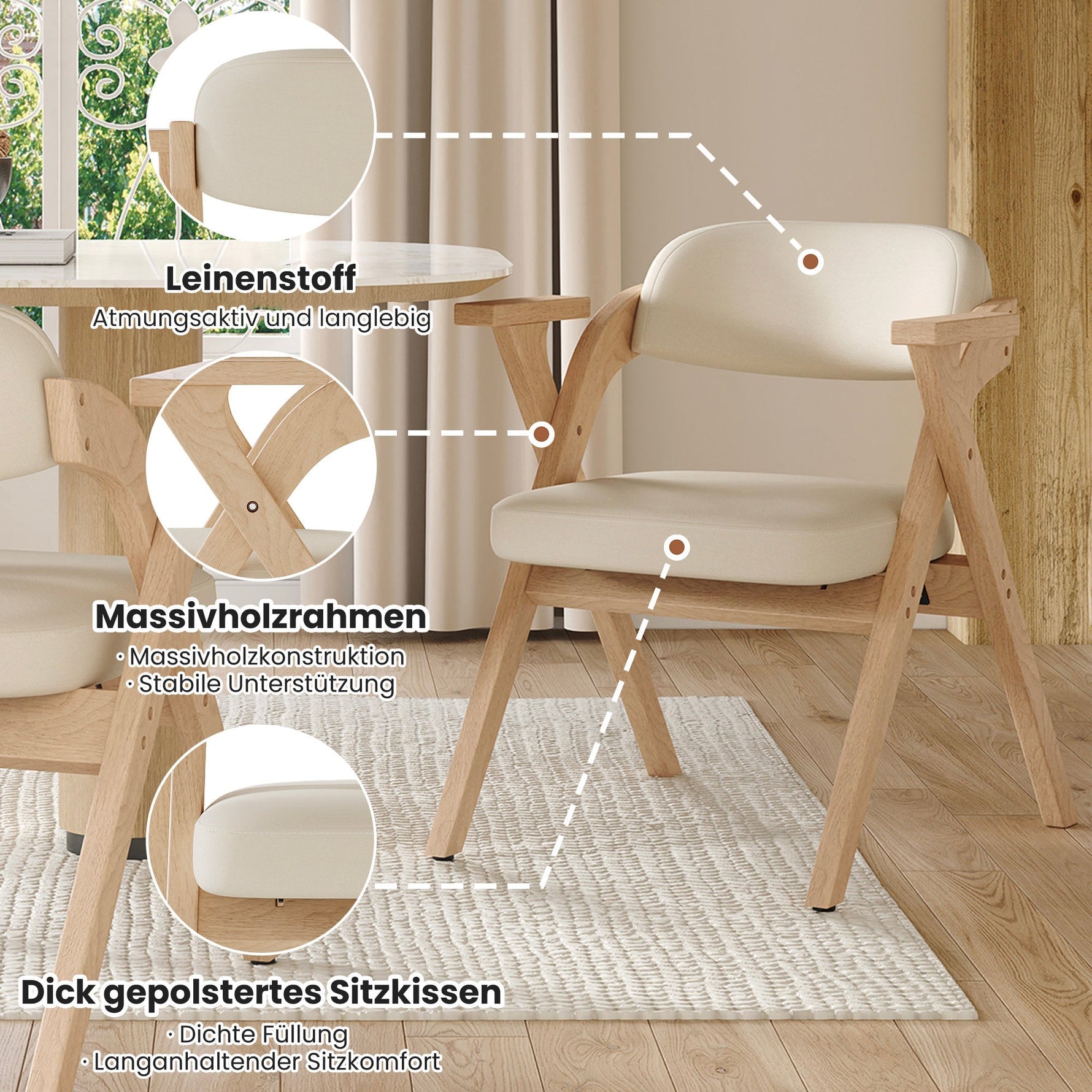 Set of 2 Folding Dining Chairs, Solid Wood and Breathable, Beige Linen