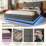 Velour Upholstered Bed, 140x200cm, Adjustable Headboard, USB/Type-C, LED Lighting, Hydraulic Lift, XXL Storage, Grey