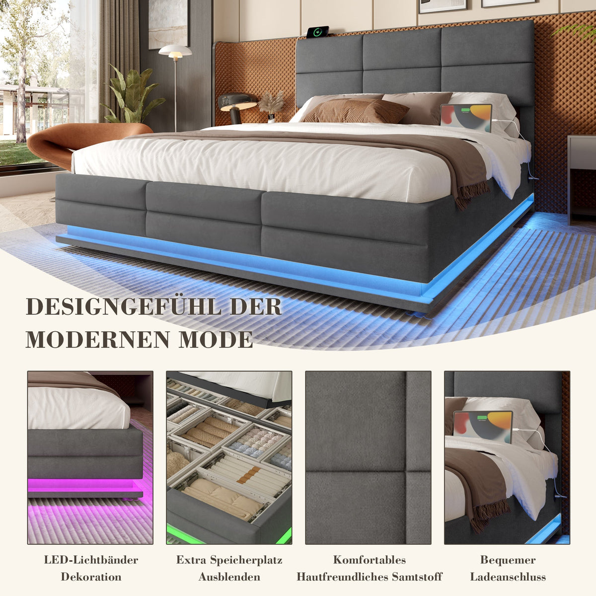 Modern Upholstered Bed 180x200cm Adjustable Headboard USB/LED Hydraulic Storage - Grey Velour