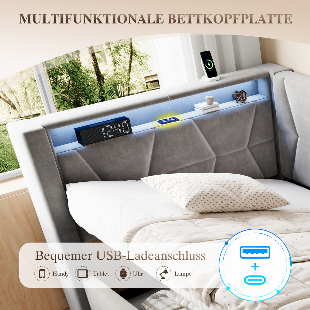Upholstered Bed 90x200 cm with Storage & LED, Grey Velvet