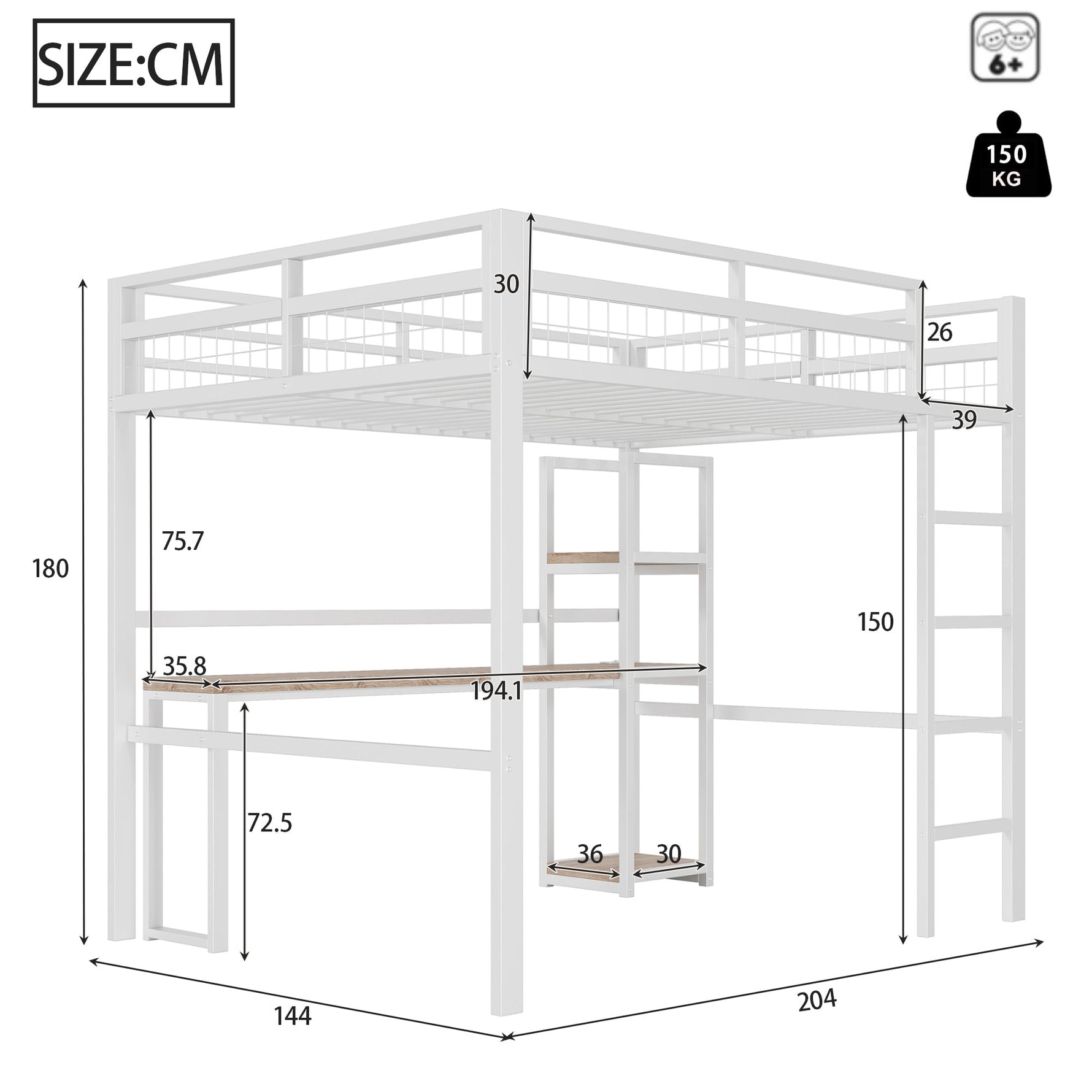 Loft Bed 140x200cm Desk Power/USB-C Shelves Stepladder - White Iron Frame