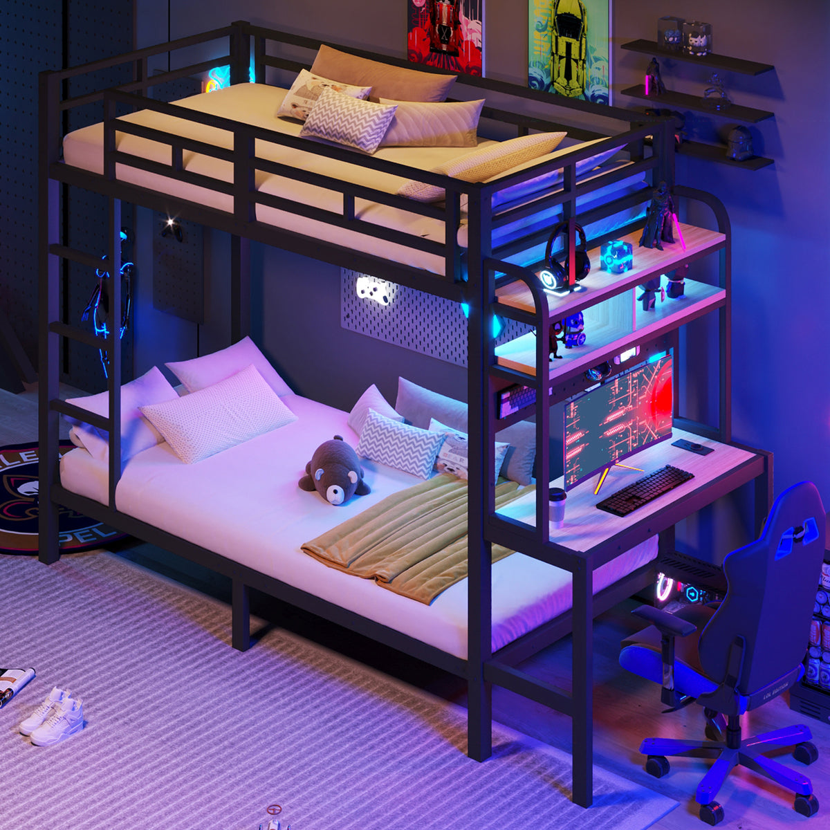 Bunk Bed 90x200 cm with Desk, Storage & LED Light, Black Iron Frame