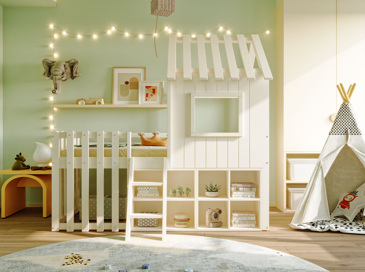 Children's House Bed 90x200, Roof & Window, Ladder, Solid Wood White